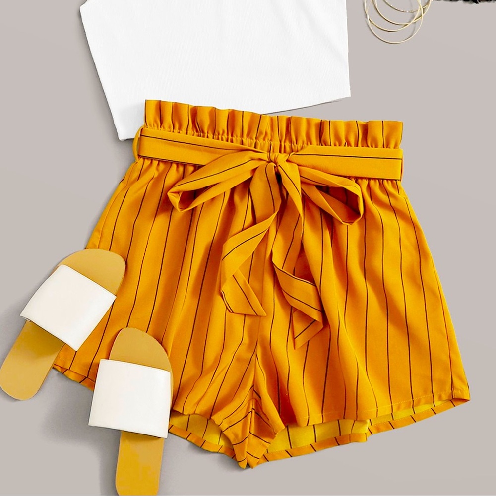 SHEIN Golden Yellow Orange and Black Stripe Polyester Paper Bag Shorts